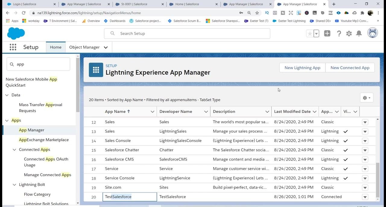Lightning Experience App Manager showing TestSalesforce listed as the last app, with navigation menu on the left and options for New Lightning App and New Connected App at the top right