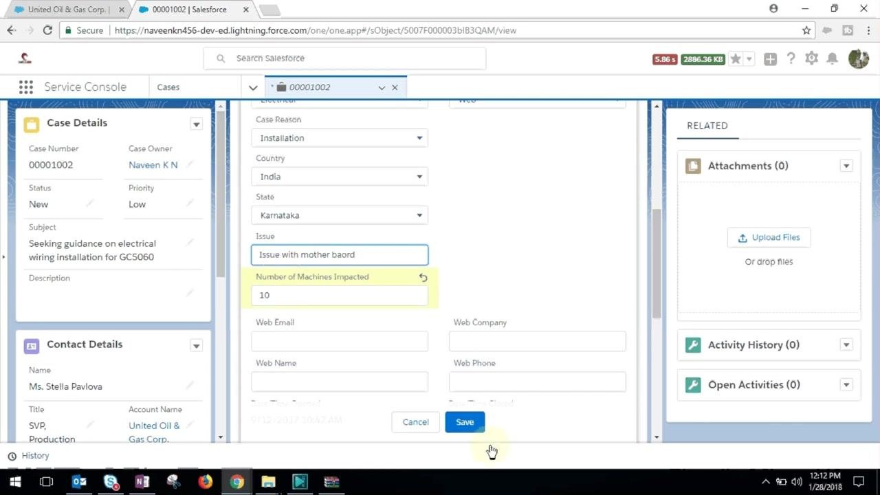 Salesforce Case edit screen with Issue and Number of Machines Impacted fields filled and Save button highlighted