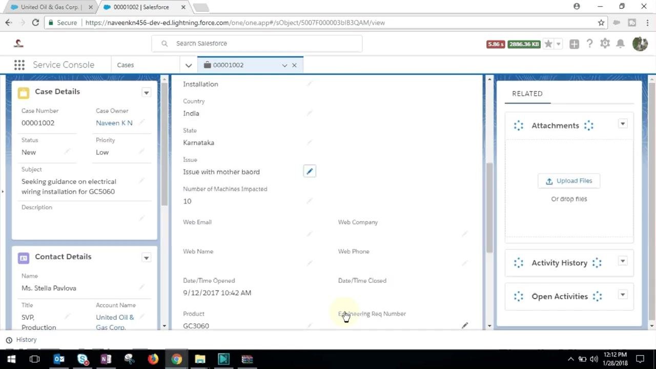 Salesforce Case details showing saved Issue and Number of Machines Impacted values