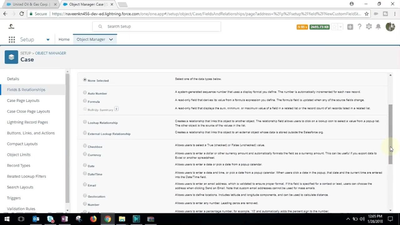 Salesforce Object Manager screen with Case object highlighted