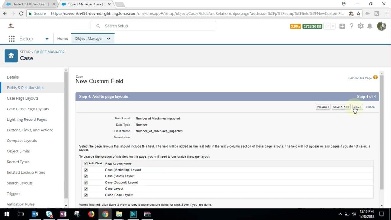 Salesforce Fields & Relationships list with additional fields visible