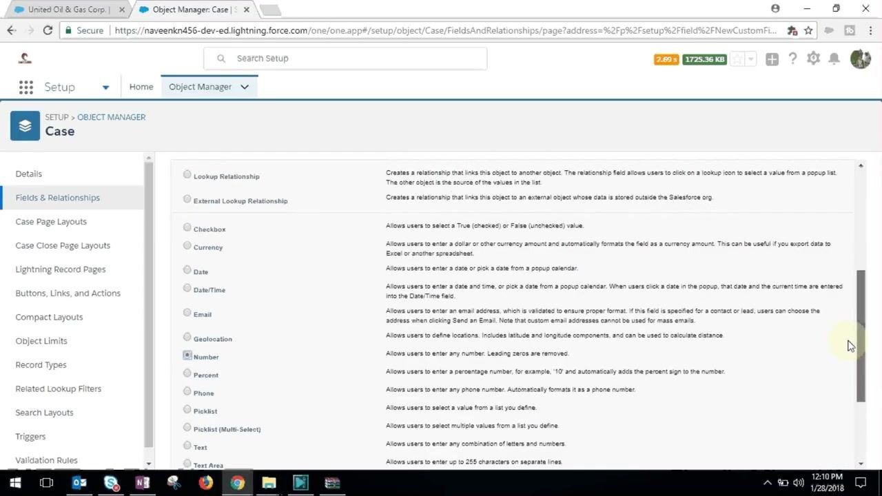 Salesforce field type selection screen with Number option selected