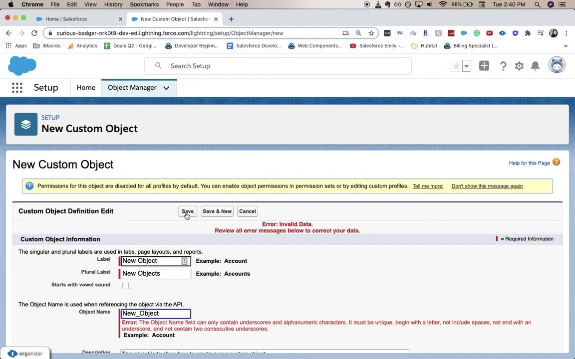 Salesforce New Custom Object form with Save clicked again, error for invalid Object Name still present
