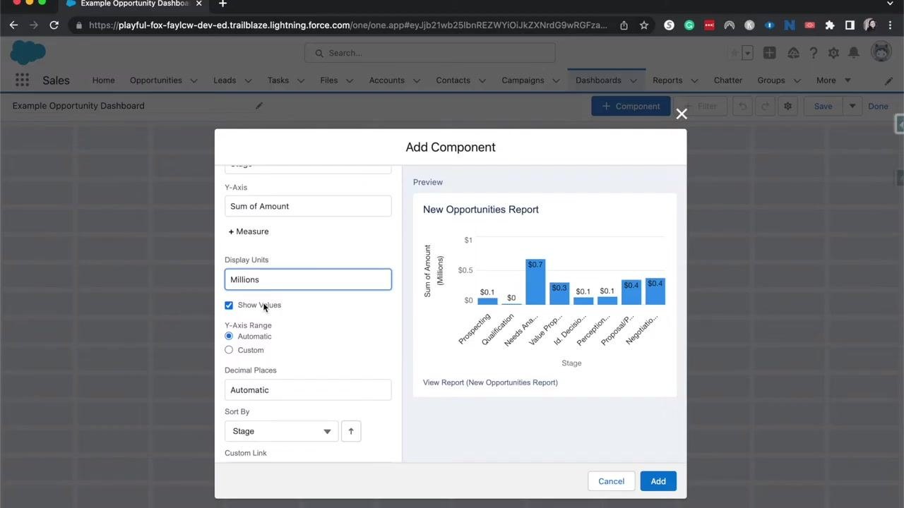 Salesforce Add Component dialog with Display Units set to Millions and values shown directly on the chart.