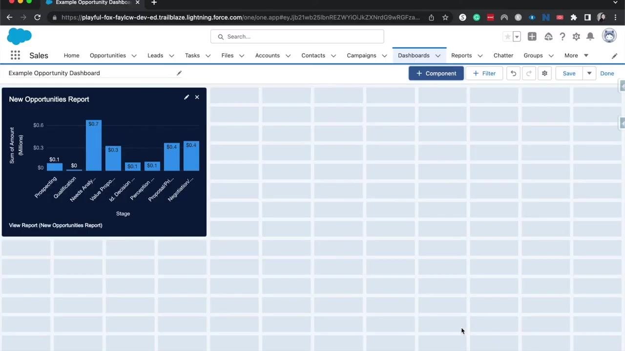 Add Component dialog with options for report, display units, Y-axis range, and sort order, alongside a preview of the New Opportunities Report bar chart.