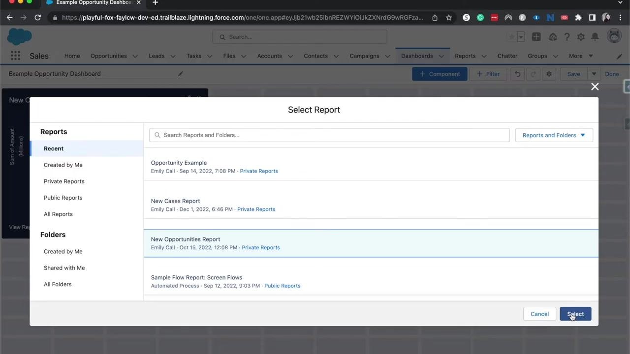 Select Report dialog showing a list of available reports and folders, with the New Opportunities Report highlighted and the Select button ready to use.