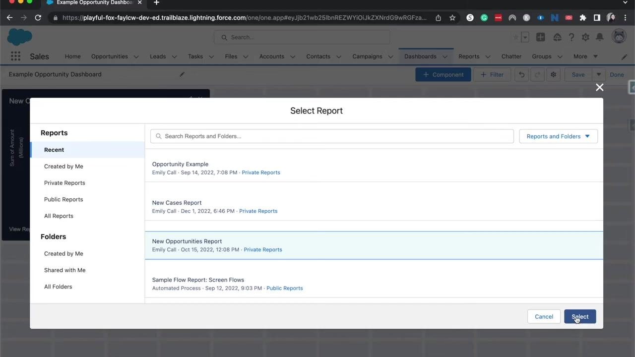 Select Report dialog with the New Opportunities Report selected, ready to be added as a component.