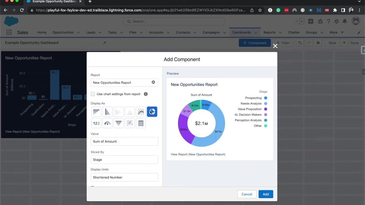 Add Component dialog with Metric selected, showing a large $2.1M value in the preview.
