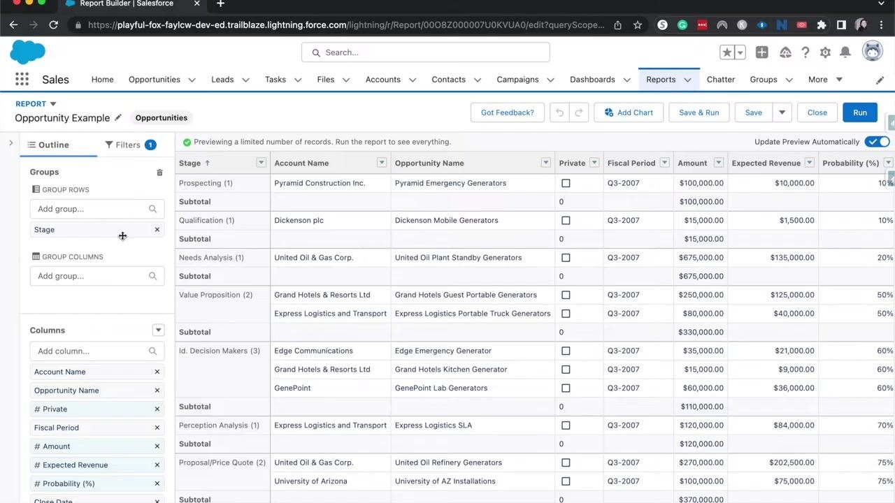 Salesforce Report Builder with a chart added, visualizing opportunity data by stage.