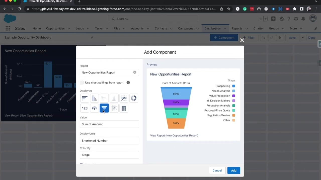 Add Component dialog with Gauge Chart selected, showing a gauge visualization for the New Opportunities Report with segment ranges and a $2.1M value.