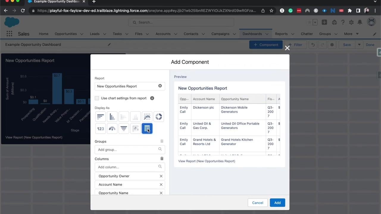 Add Component dialog with Funnel Chart selected, showing opportunity stages as colored funnel segments with a legend.