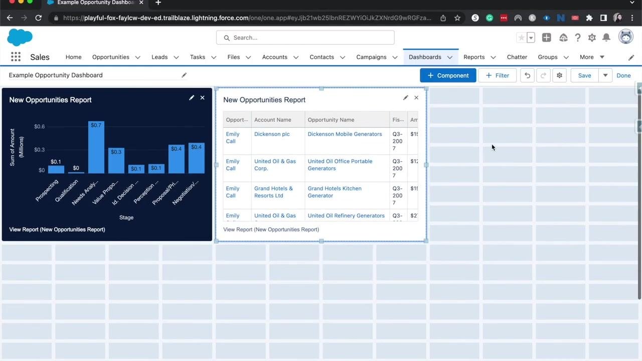 Add Component dialog with Tabular Component selected, showing a scrollable list of opportunity records.
