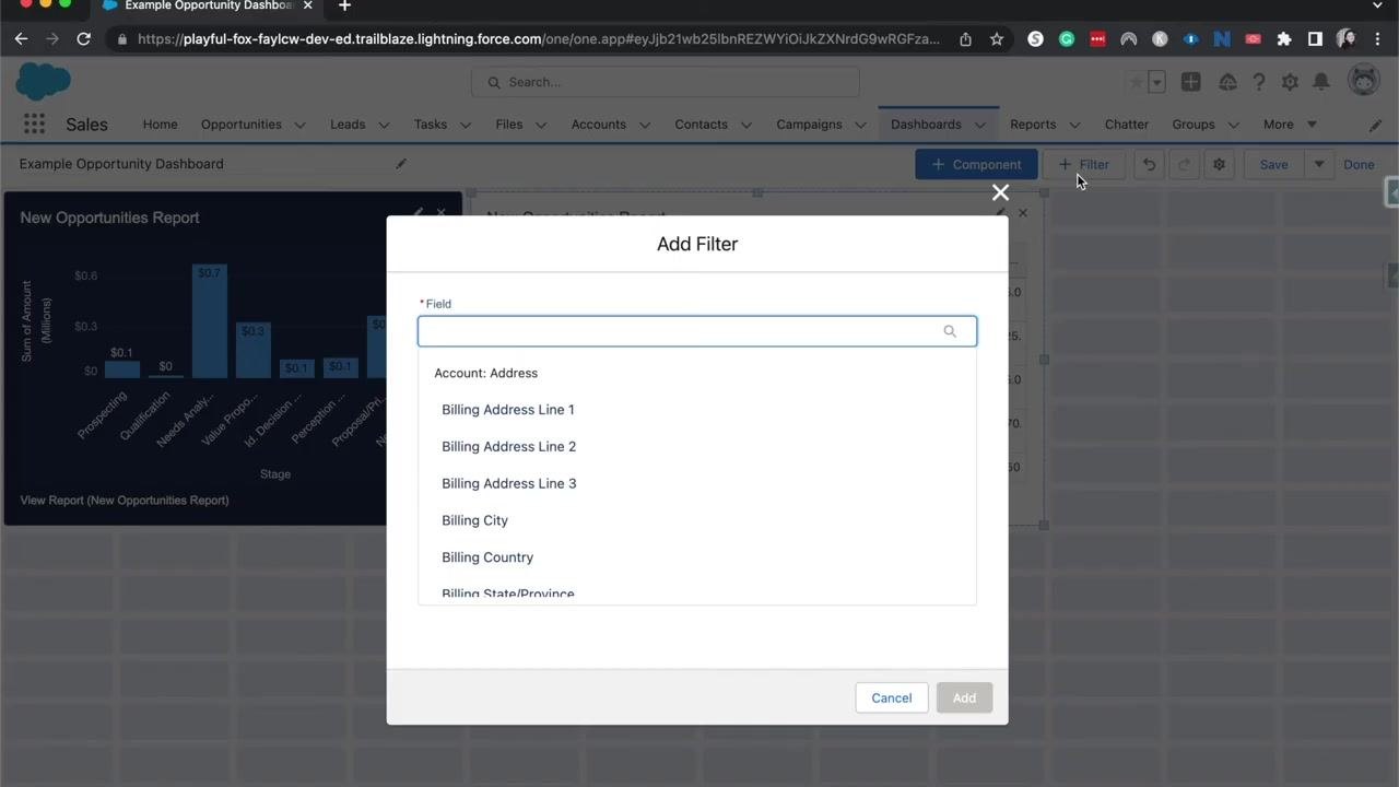 Add Filter dialog open in the Salesforce dashboard editor, showing a searchable list of fields such as Billing Address Line 1, Billing City, and Billing Country, with a bar chart visible in the background.