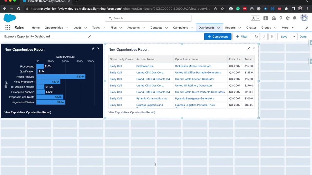Salesforce dashboard with the Add Filter dialog open, showing a list of address-related fields under Account: Address, with Cancel and Add buttons. A bar chart and data table are visible in the background.