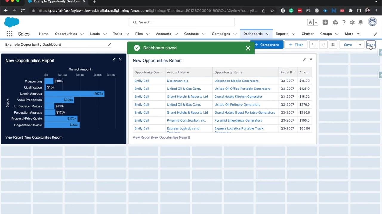 Salesforce dashboard showing a green "Dashboard saved" notification at the top, with the updated New Opportunities Report and dashboard controls visible.