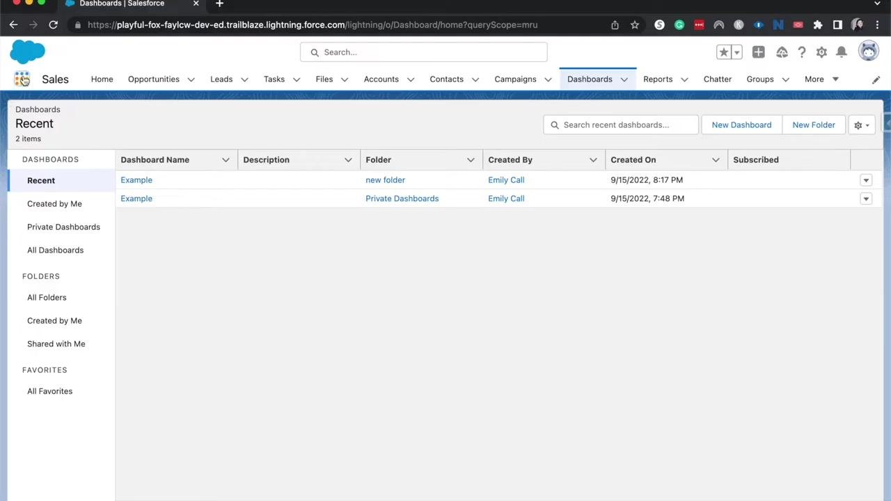 New Dashboard dialog with fields for Name, Description, and Folder.