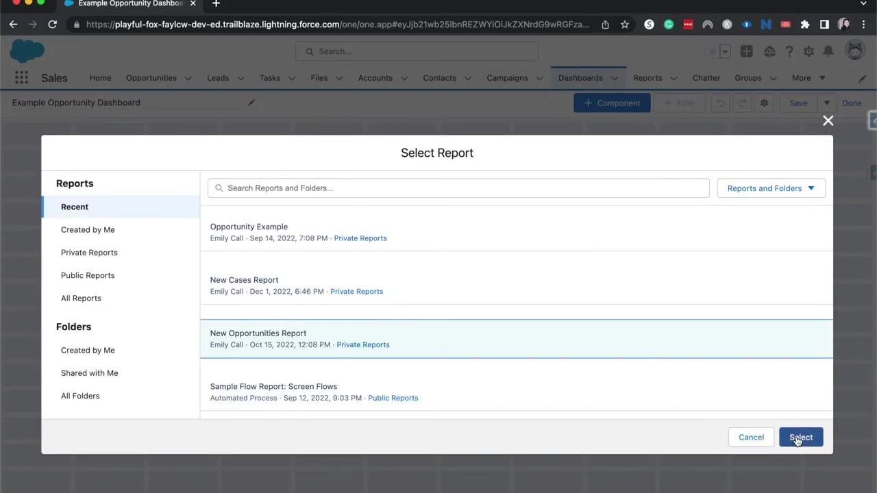 New Dashboard dialog with the folder selection highlighted.