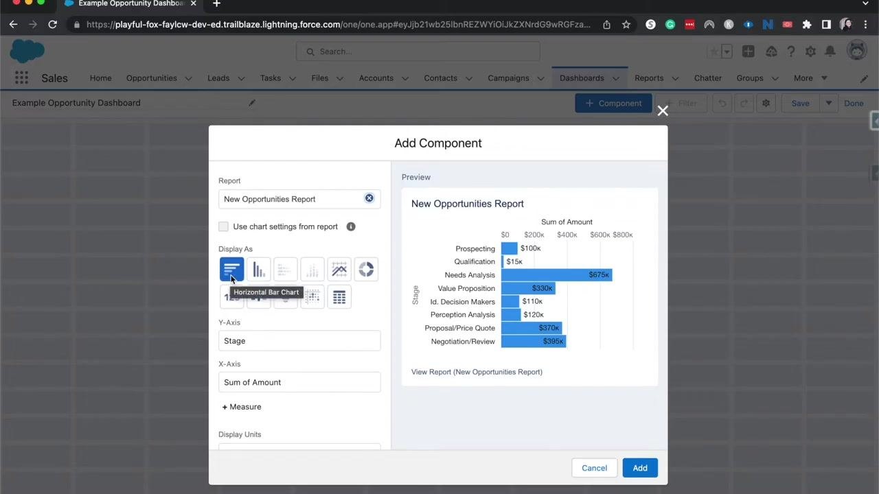 Salesforce Add Component dialog showing a horizontal bar chart grouped by Stage, with Sum of Amount on the x-axis.