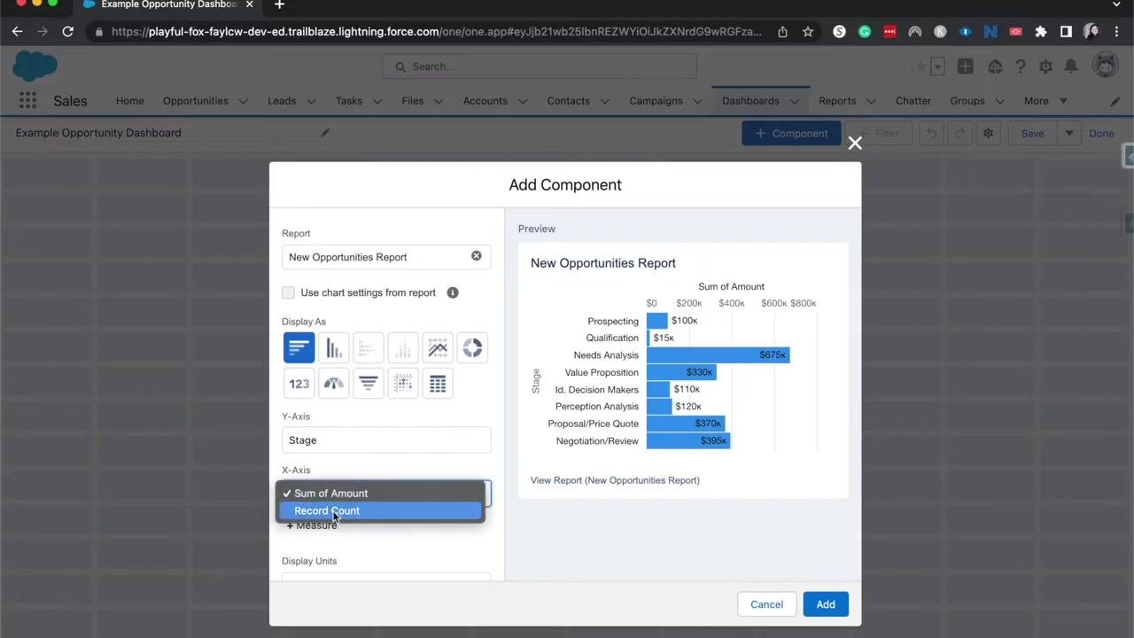 Salesforce Add Component dialog with the X-Axis dropdown open, showing Sum of Amount and Record Count options.