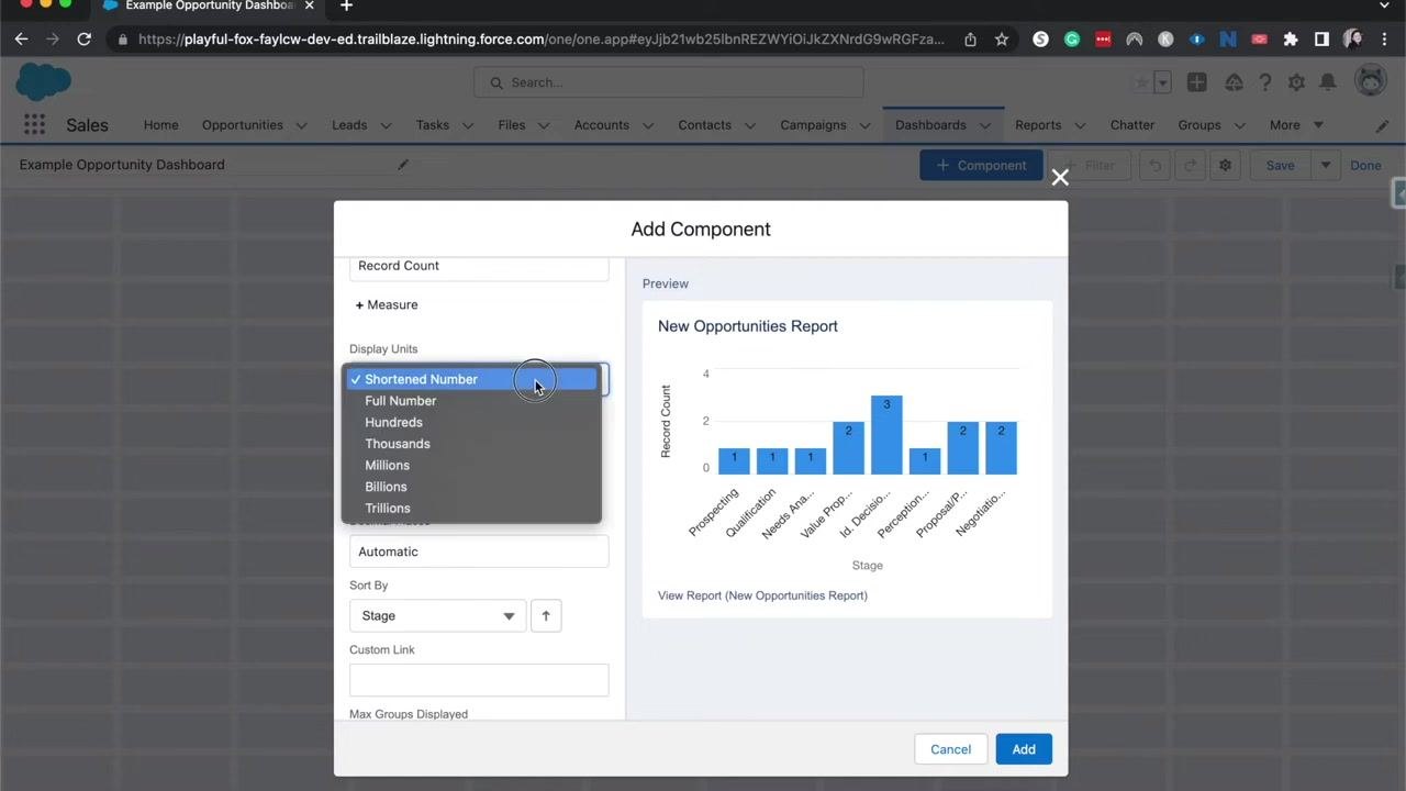 Salesforce Add Component dialog with the Display Units dropdown open, showing options including Shortened Number, Full Number, Hundreds, Thousands, Millions, Billions, and Trillions.