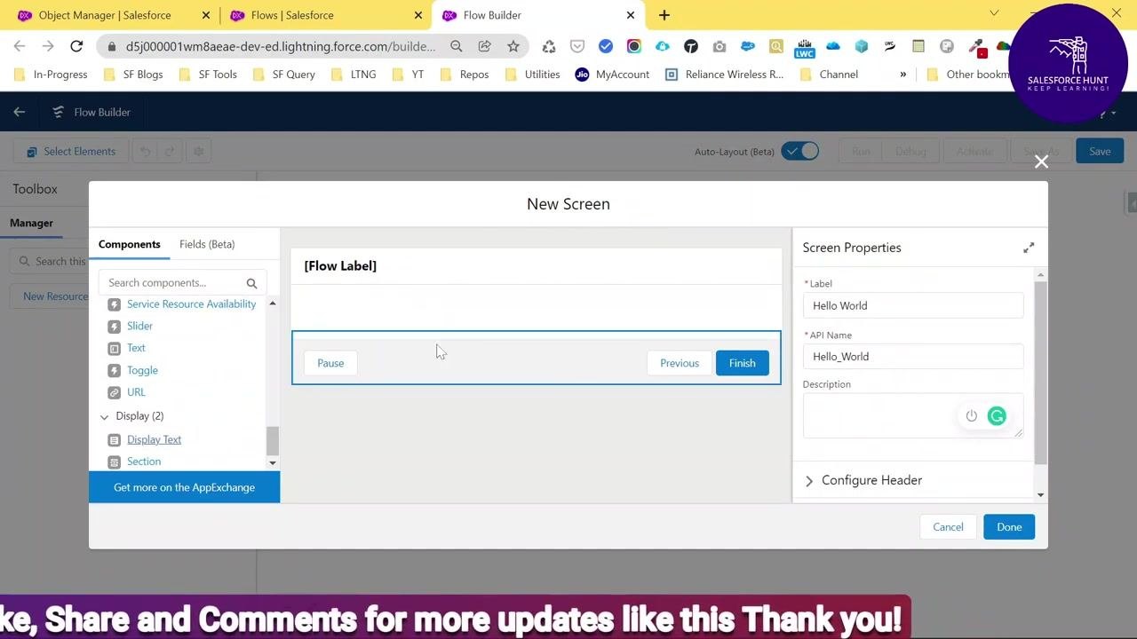 New Screen window showing the drag-and-drop interface, available components, and Screen Properties with Label Hello World and API Name Hello_World.