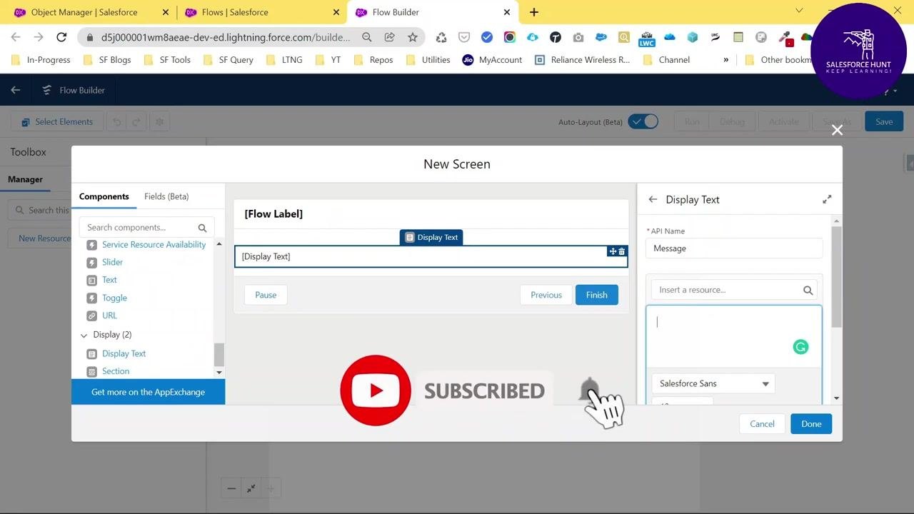 Display Text component configured with API Name set to Message, with the message box ready for input.
