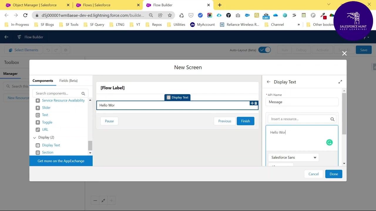 Display Text component being filled in with partial text, with the main screen area reflecting the input as it is typed.