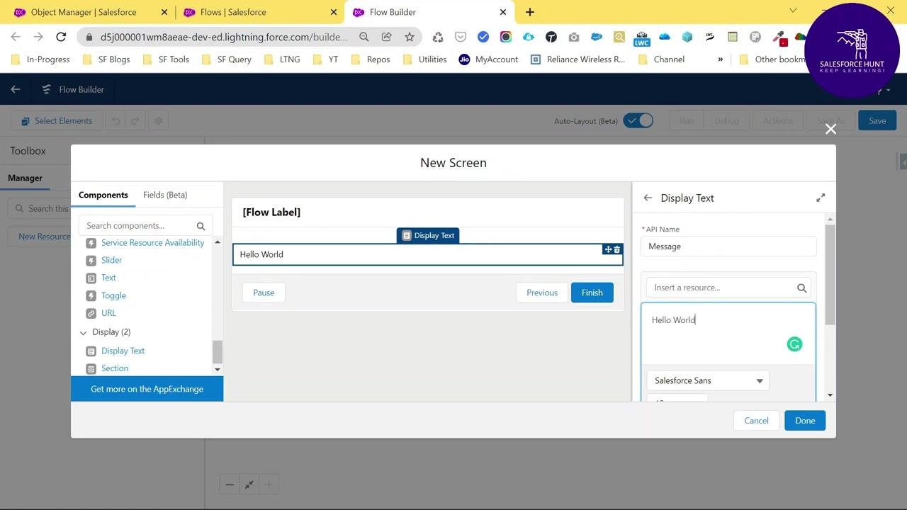 Display Text component fully configured with Hello World as the message, with the main screen preview showing the updated text.