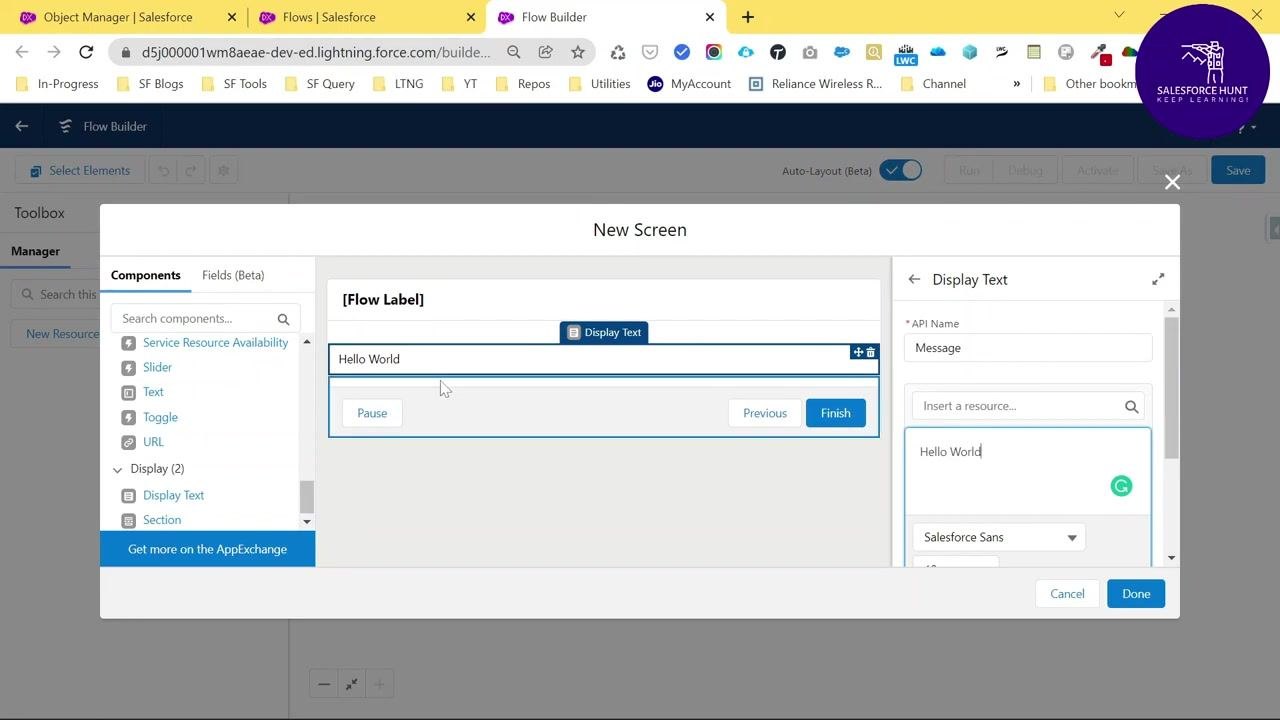 Flow Builder canvas showing the flow sequence Screen Flow (Start), Hello World (Screen), and End, with the Save button highlighted.