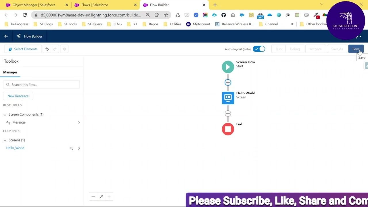 Save the flow dialog with Flow Label set to Hello World and the Flow API Name field ready for input.