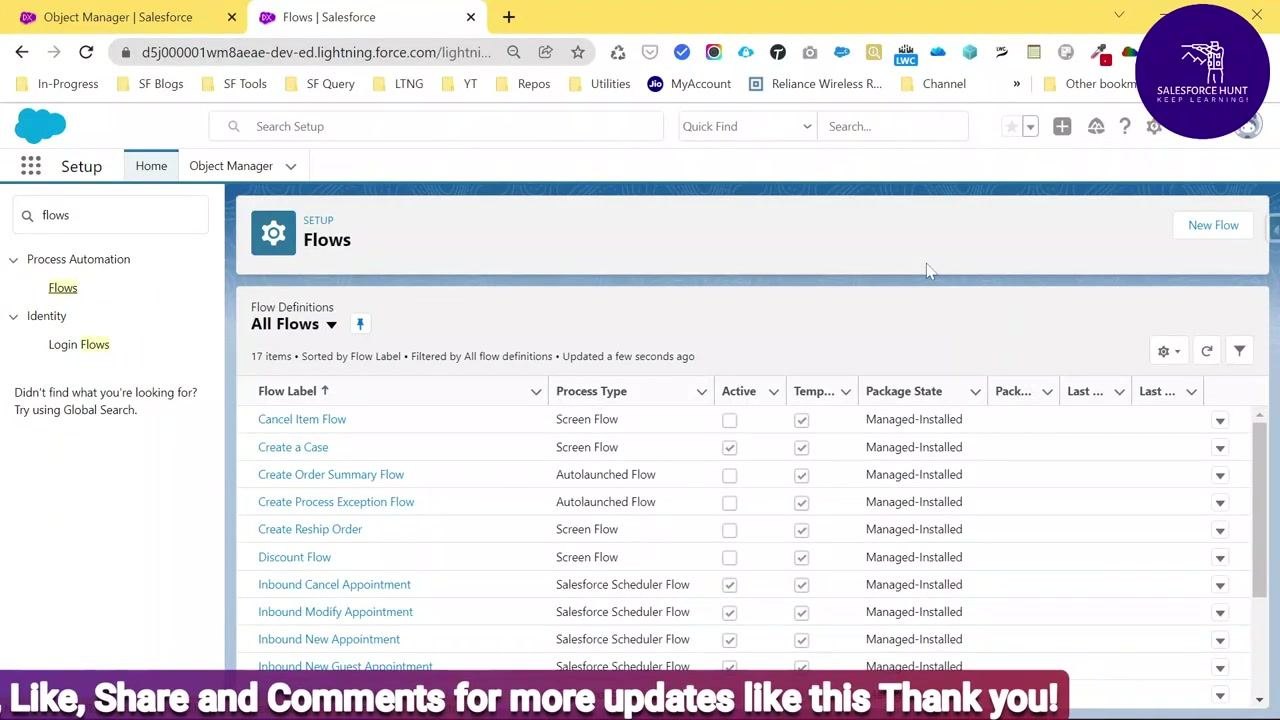Flows page listing flow definitions with labels, process types, and other details, with the New Flow button visible in the top right.