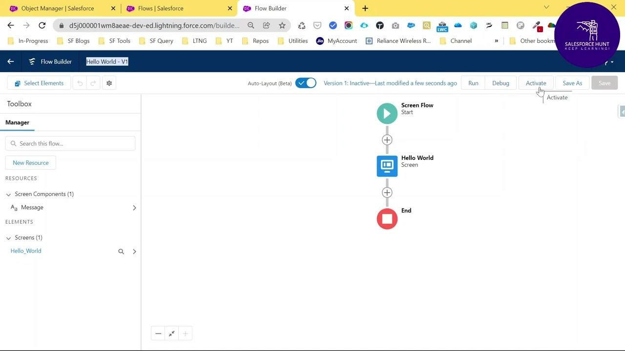 Flow Builder interface with the Activate button highlighted and the flow sequence Screen Flow (Start), Hello World (Screen), End visible.