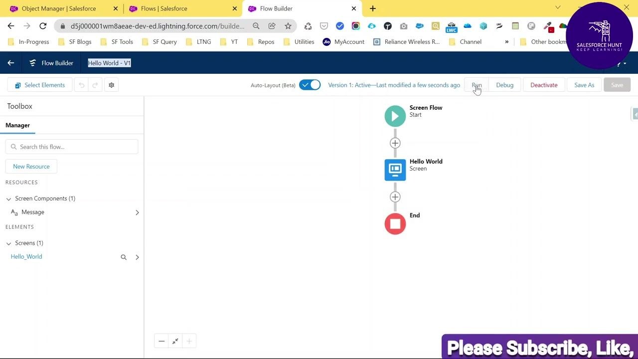 Flow Builder interface with the Run button highlighted and the flow sequence visible.