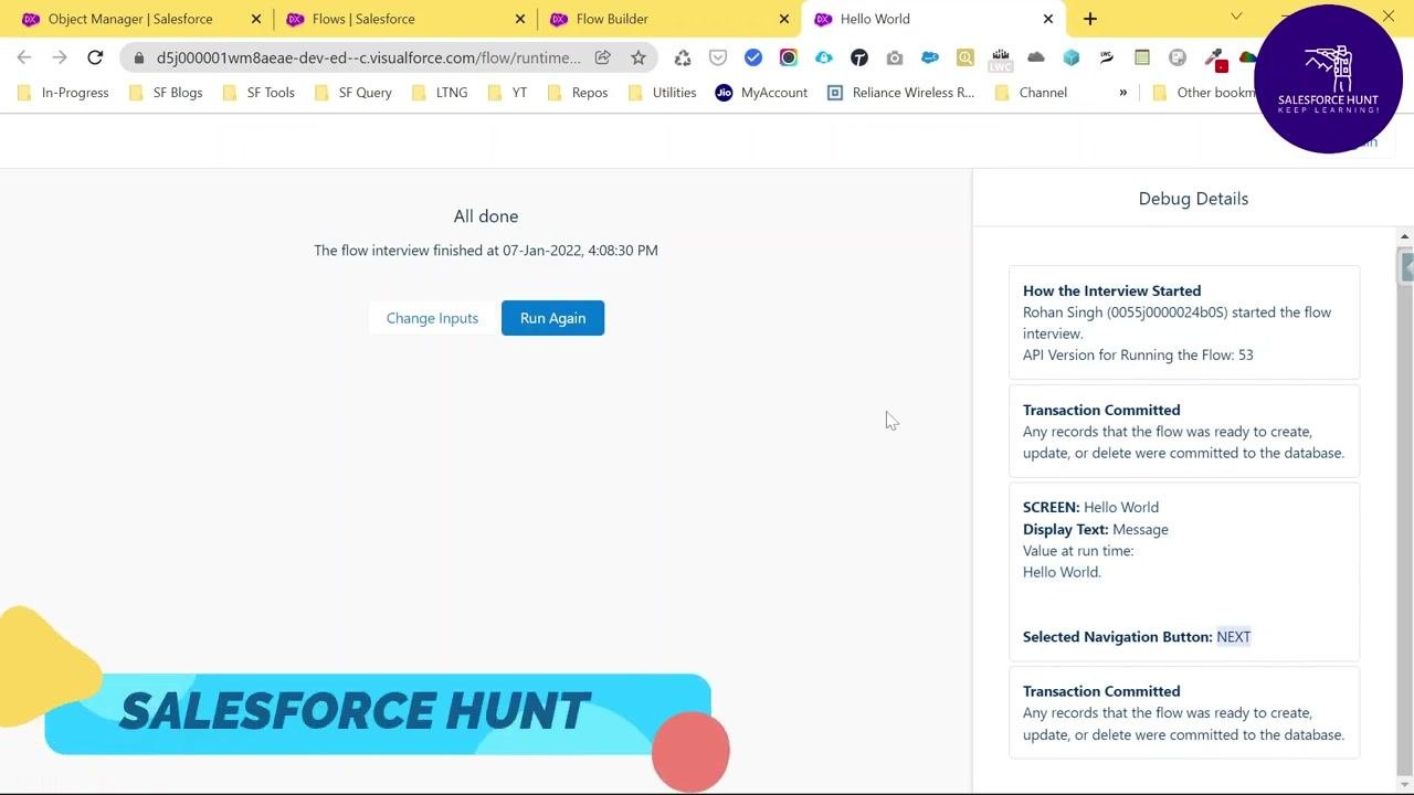 Salesforce Flow debug summary showing All done and the Debug Details panel.