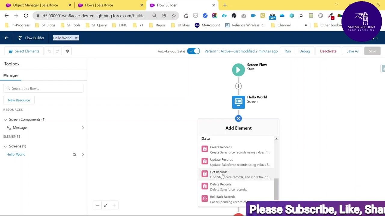 Flow Builder Add Element dialog highlighting the Get Records option under Data.