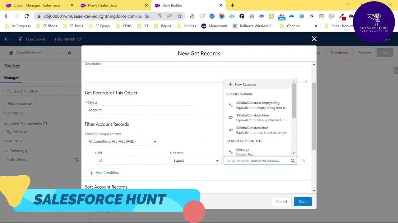 Flow Builder New Get Records dialog with the filter set to Id Equals, and the resource selection panel open.