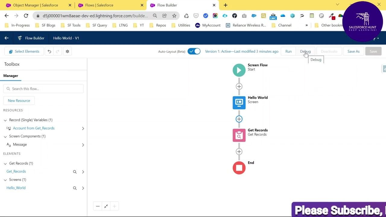 Flow Builder canvas showing the updated flow sequence with Get Records added, and the Debug button being selected.