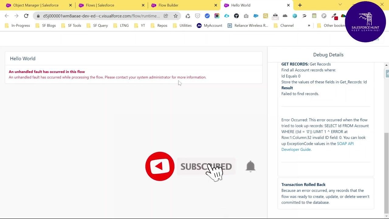 Salesforce Flow error screen with a red error message and debug details showing the failed record lookup.