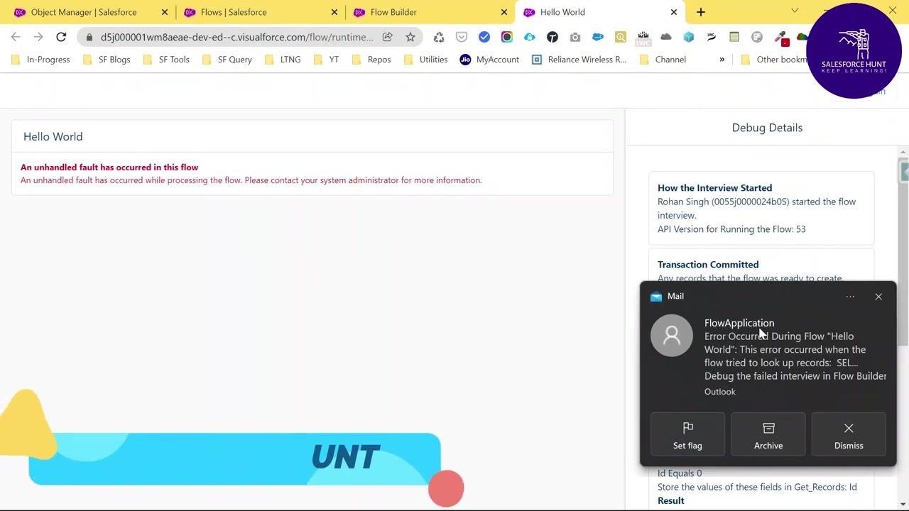 Salesforce Flow error screen with a system notification about a flow application error.