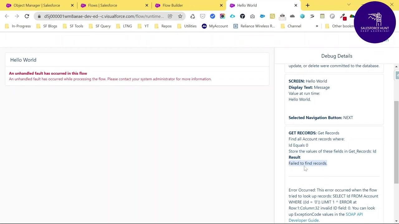 Salesforce Flow error screen with debug details highlighting the failed query and error specifics.