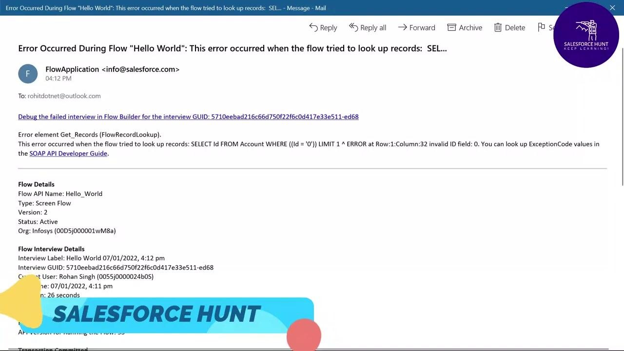 Salesforce Flow error screen with a red error message and debug details panel showing the failed record lookup and error specifics.