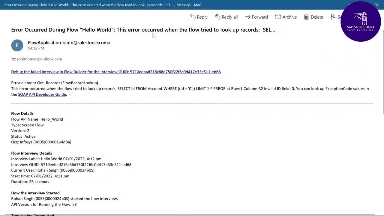 Salesforce error notification email with the debug link highlighted.