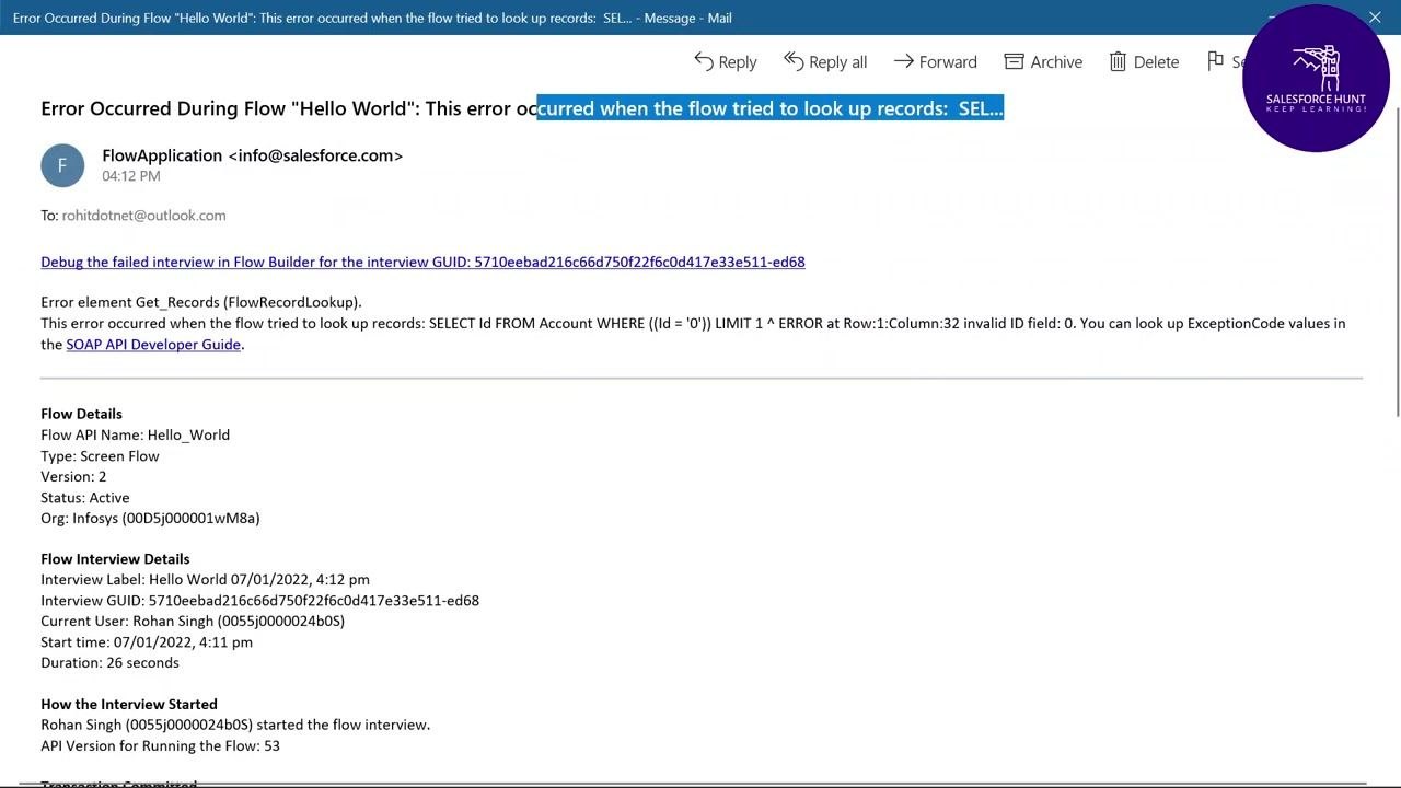 Salesforce error notification email showing flow interview details and transaction status.