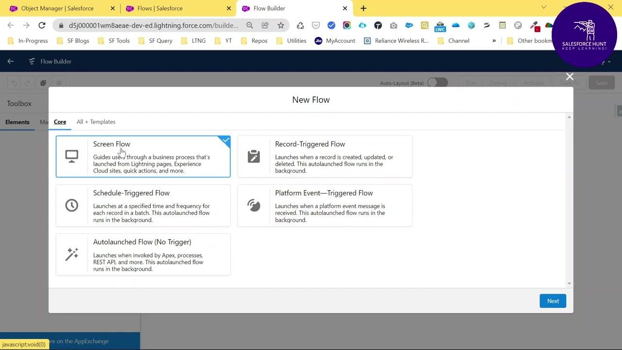 New Flow dialog in Flow Builder showing the Screen Flow, Record-Triggered Flow, Schedule-Triggered Flow, Platform Event-Triggered Flow, and Autolaunched Flow options, with Screen Flow selected.