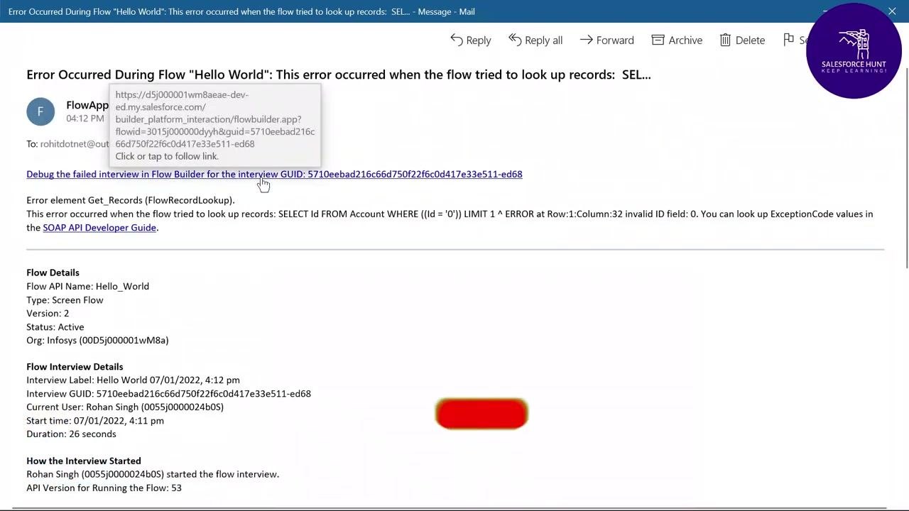 Salesforce error notification email with detailed flow execution and error information.