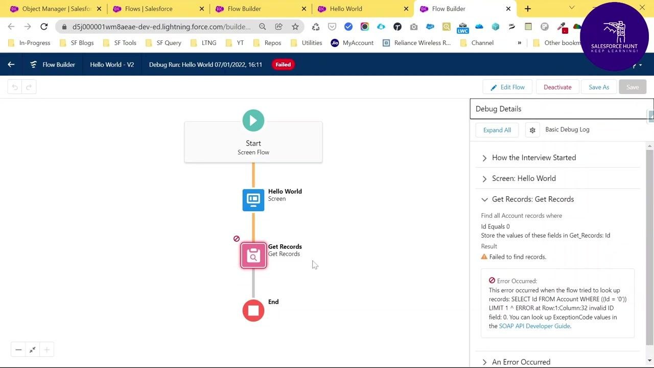 Salesforce Setup screen showing the All Failed Flow Interviews list with interview labels, flow names, versions, and GUIDs.