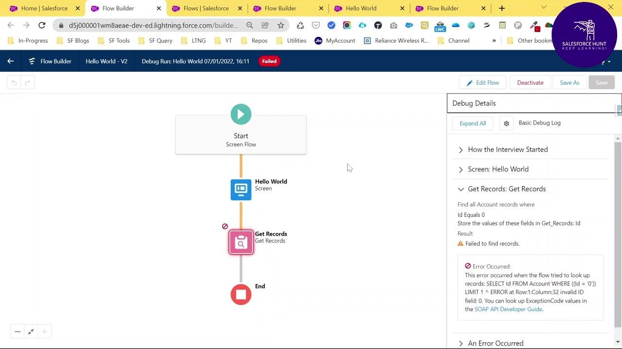 Salesforce Flow Builder screen showing the failed flow interview, with the error highlighted on the Get Records element and the Debug Details panel open.