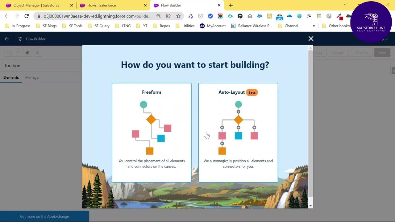 Flow Builder canvas with Start and End nodes, a plus button for adding elements, and the toolbox and button bar visible.