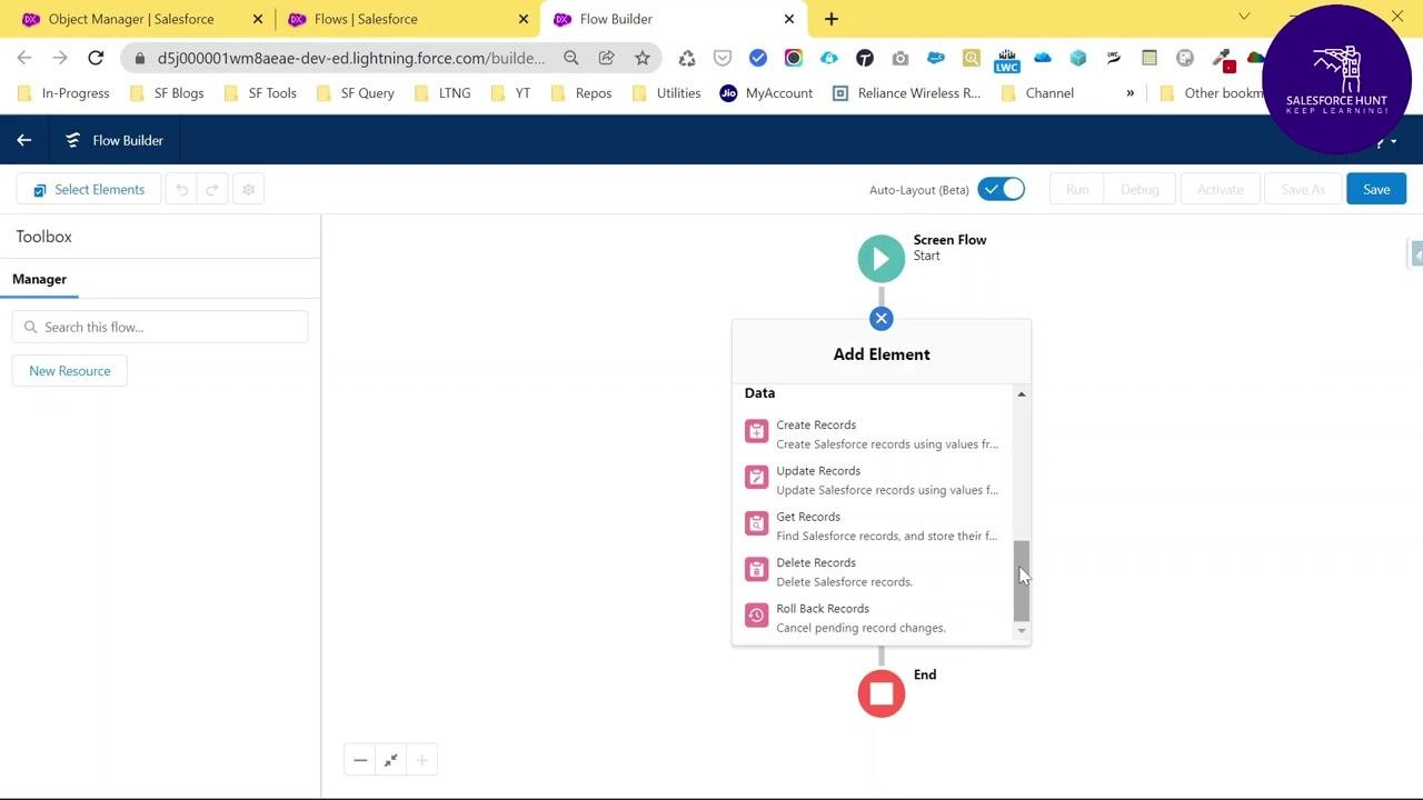 Add Element dialog showing Data options: Create, Update, Get, Delete, and Roll Back Records.