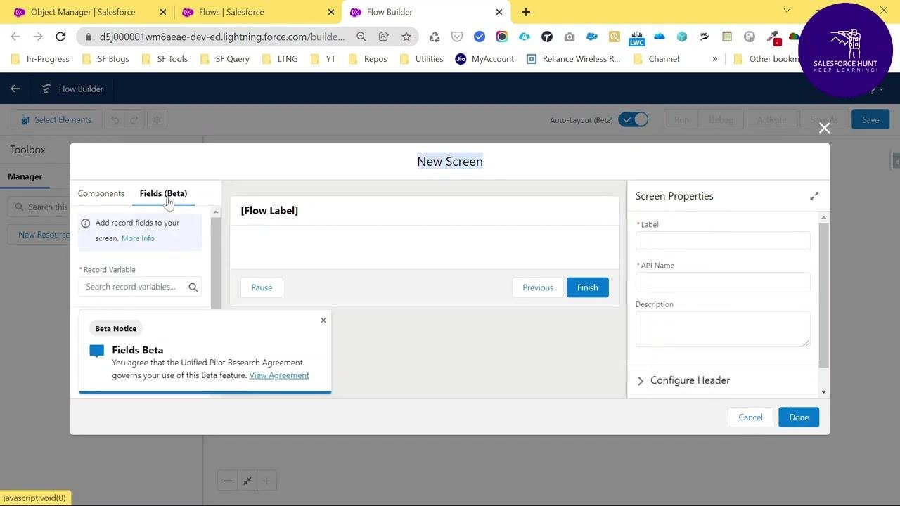 New Screen dialog with Components and Fields (Beta) tabs, and a beta notice for the Fields (Beta) feature.